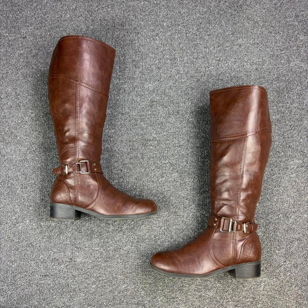 Unisa Brown Tall Pull On Buckle Strap Harness Side Zip Riding Campus Boots